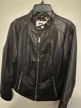 DKNY Black Leather Bomber Jacket with Zip Pockets